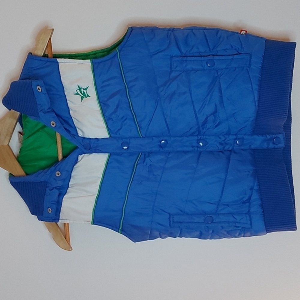 Ladies Groggy Vest, 70s Style, Blue, Green and White, Puffer,‎ Size Small